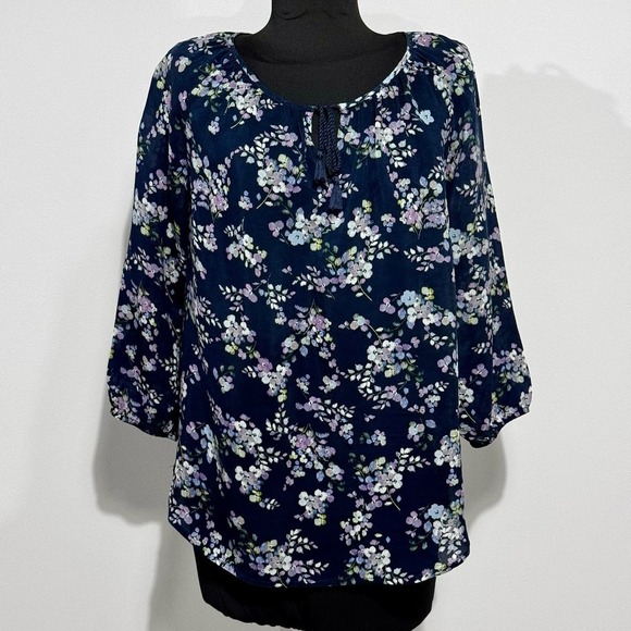J. Jill Blue Floral Gossamer Peasant Blouse Semi Sheer size‎ XS Excellent Cond. - Picture 1 of 11